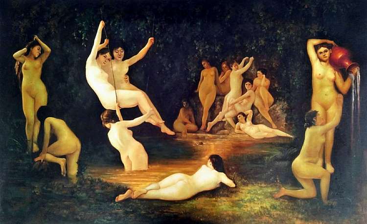 岳志敏 纯手绘油画作品《大师笔下的浴女图》