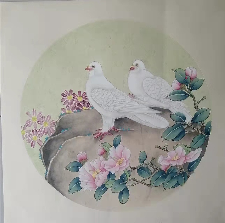 付玉林 双鸽图