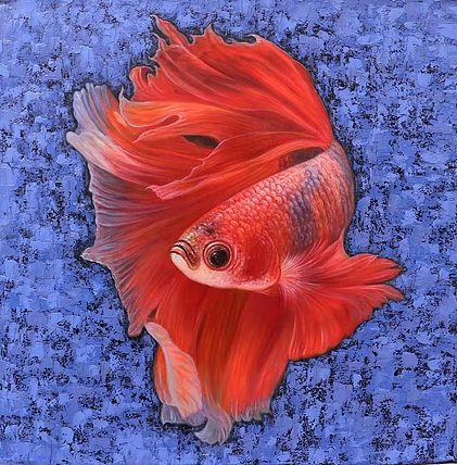 胡冰 纯手绘精品油画《金鱼》