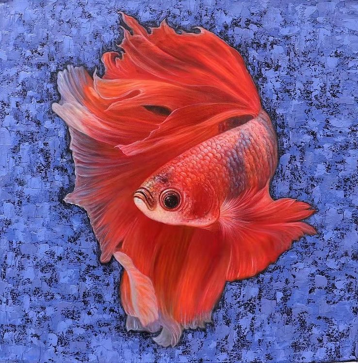 胡冰 纯手绘精品油画《金鱼》