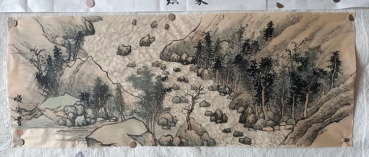 青年书画家 七汐 临沈周湖山佳趣图卷局部