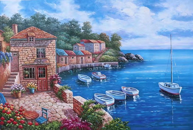 胡冰 纯手绘精品油画《地中海风景》