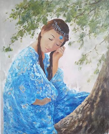胡冰 纯手绘精品油画《蓝凤凰》