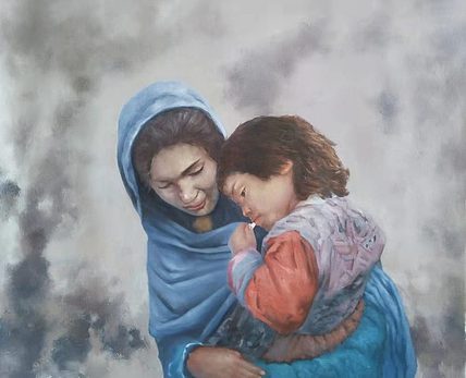 胡冰 纯手绘精品油画《硝烟下的母子》