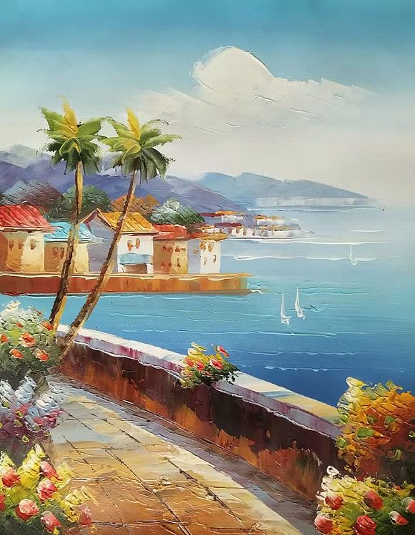 胡冰 纯手绘精品油画《地中海风景》
