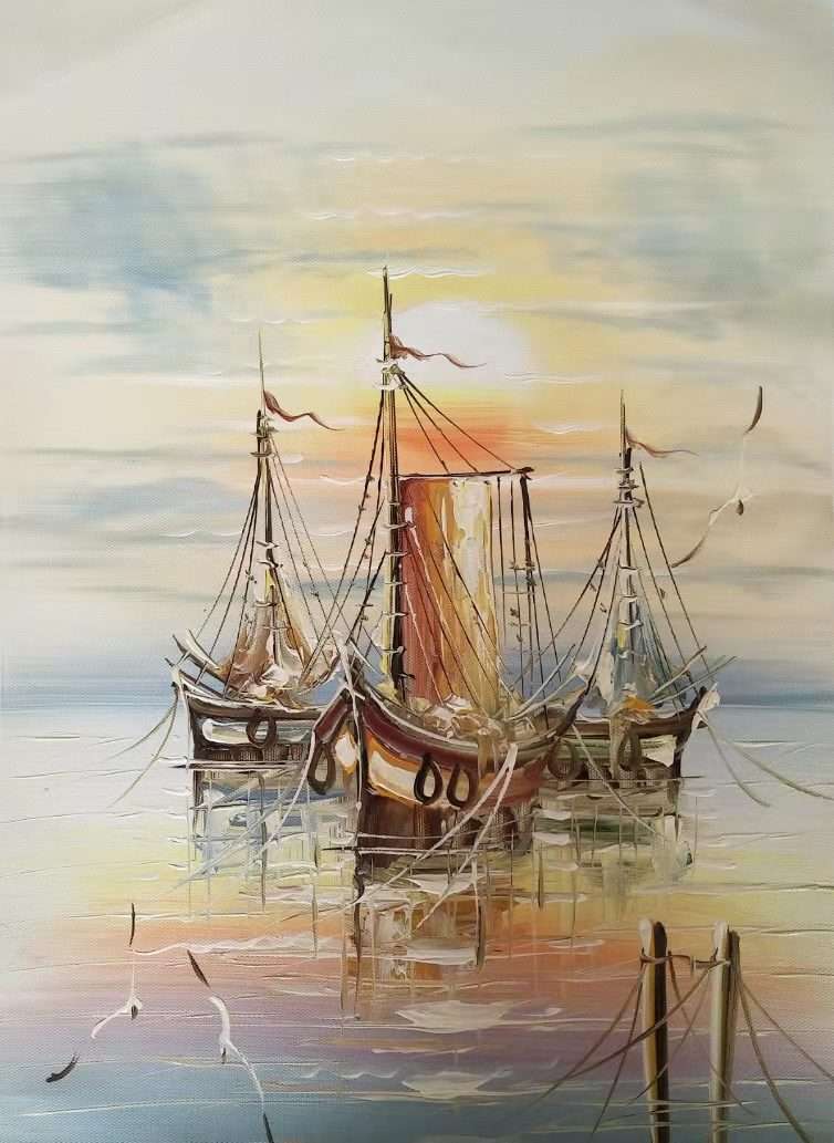 胡冰 纯手绘精品油画《帆船》