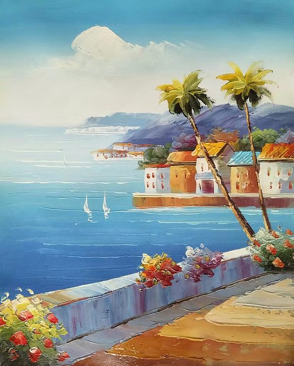 胡冰 纯手绘精品油画《地中海风景》