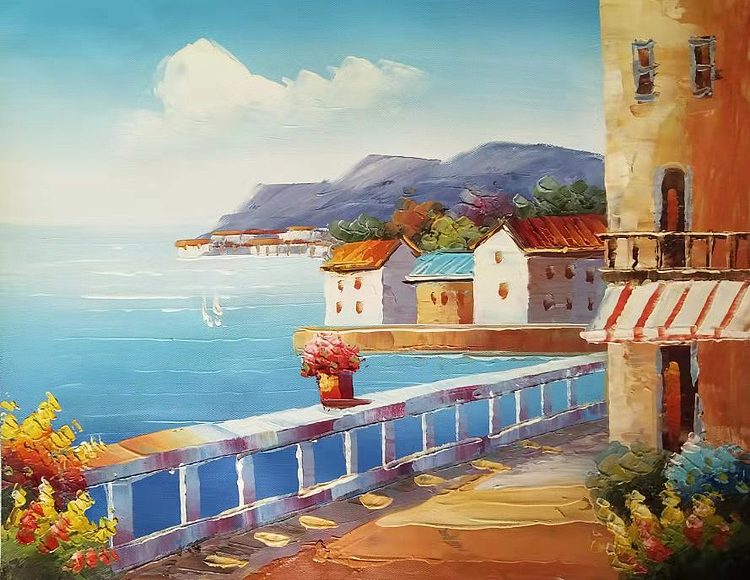 胡冰 纯手绘精品油画《地中海风景》