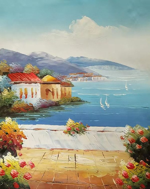 胡冰 纯手绘精品油画《地中海风景》