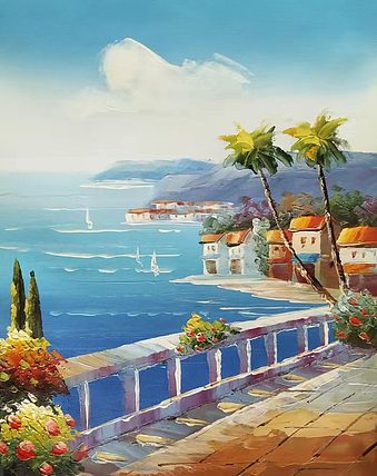 胡冰 纯手绘精品油画《地中海风景》