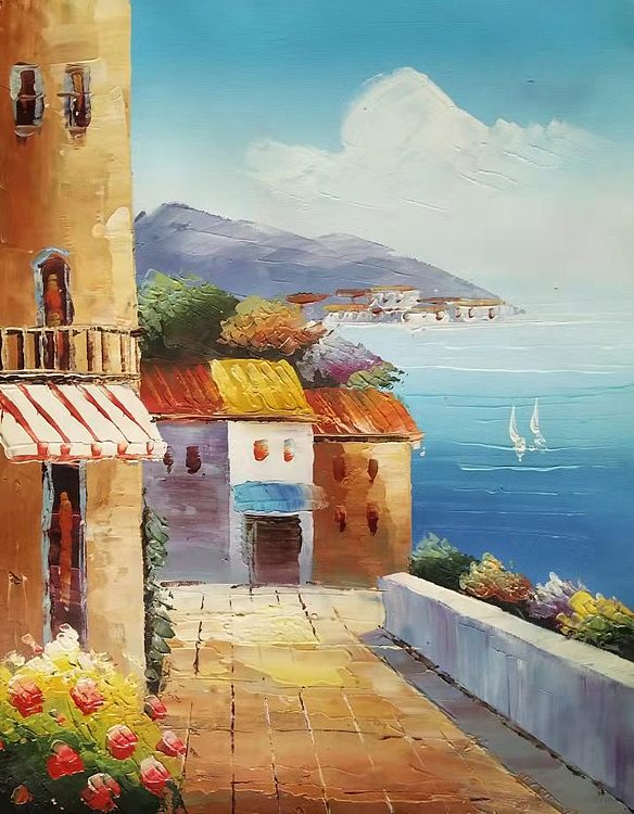 胡冰 纯手绘精品油画《地中海风景》