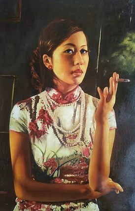 胡冰 纯手绘精品油画《酒吧女郎》