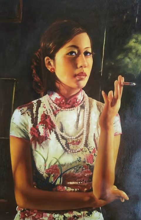 胡冰 纯手绘精品油画《酒吧女郎》