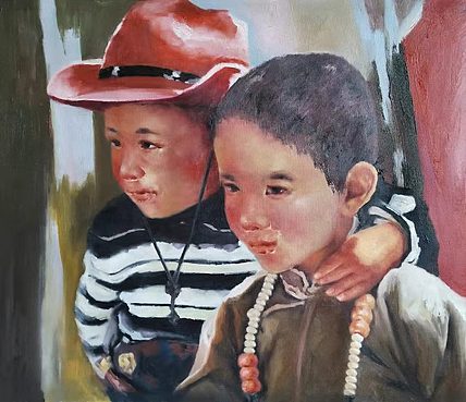 胡冰 纯手绘精品油画《两个藏族男孩》