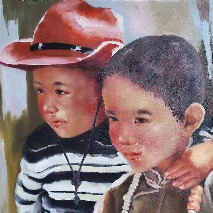 胡冰 纯手绘精品油画《两个藏族男孩》