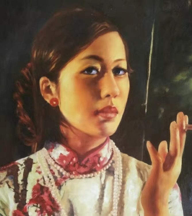胡冰 纯手绘精品油画《酒吧女郎》