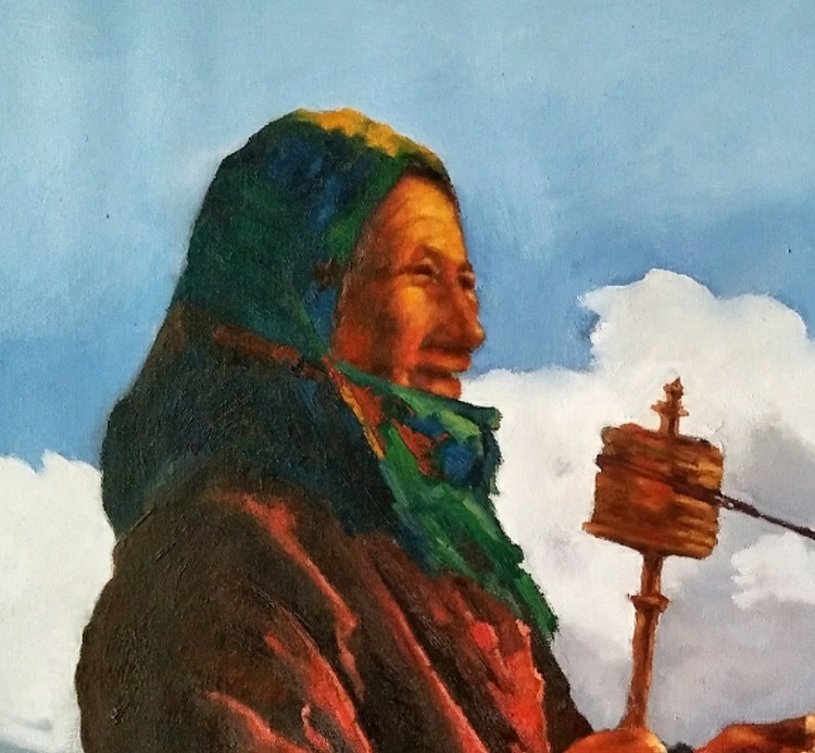 胡冰 纯手绘精品油画《雪山下的祈福》