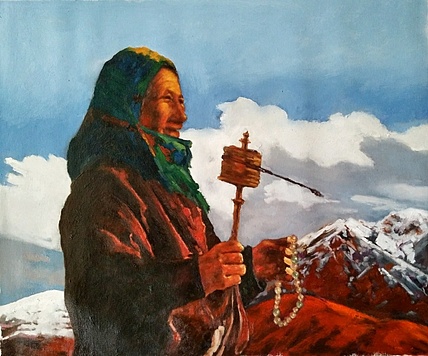 胡冰 纯手绘精品油画《雪山下的祈福》