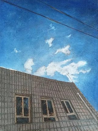 胡冰 纯手绘精品油画《蓝天下的房子》