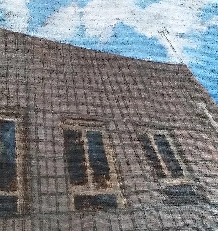 胡冰 纯手绘精品油画《蓝天下的房子》