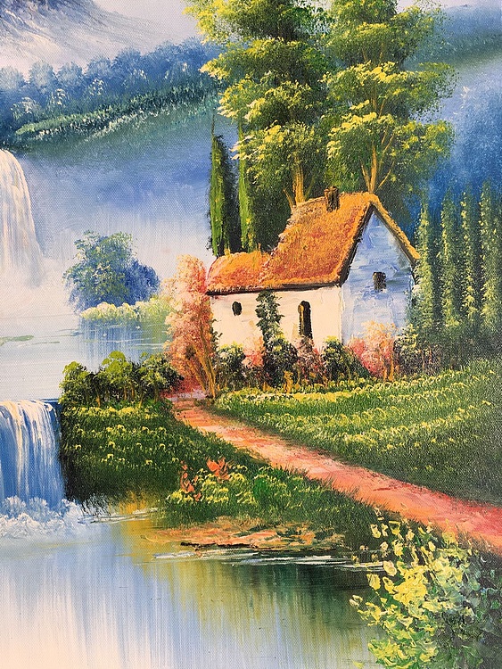 黄明灯手绘油画作品《世外桃源》