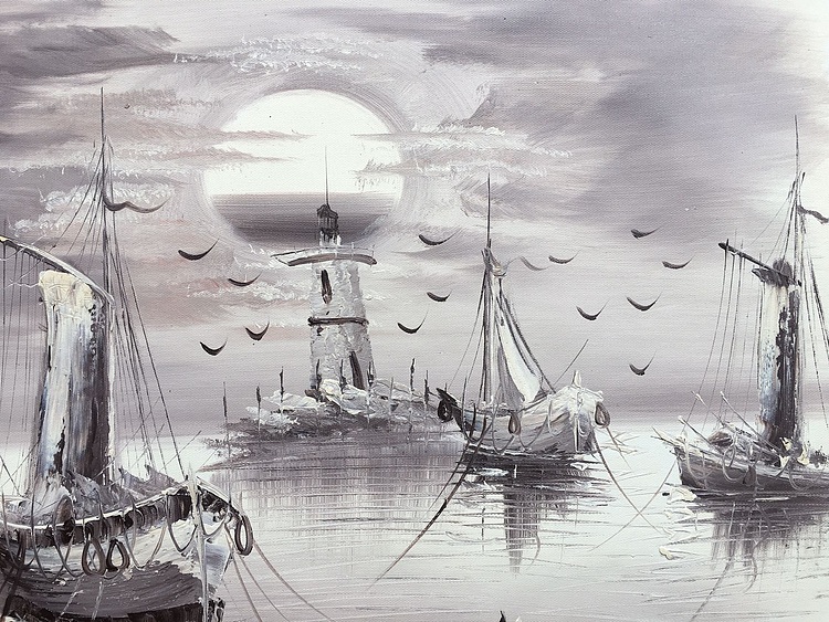 黄明灯手绘油画作品《灯塔》
