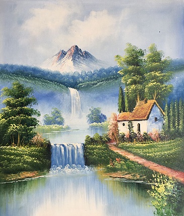 黄明灯手绘油画作品《世外桃源》