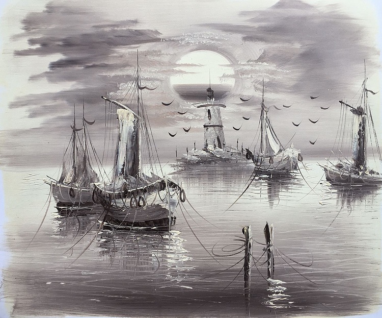 黄明灯手绘油画作品《灯塔》