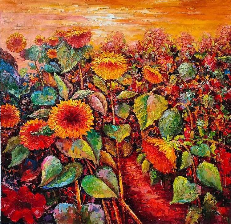胡冰 纯手绘精品油画《葵花》