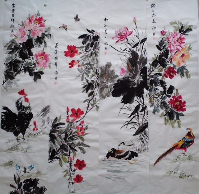 小雨 四条屏富贵吉祥，花香蝶舞，和和美美，锦上添花