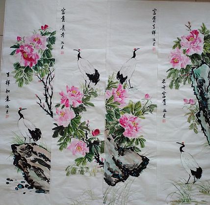 小雨 四条屏，吉祥如意，富贵长寿，富贵吉祥，花开富贵