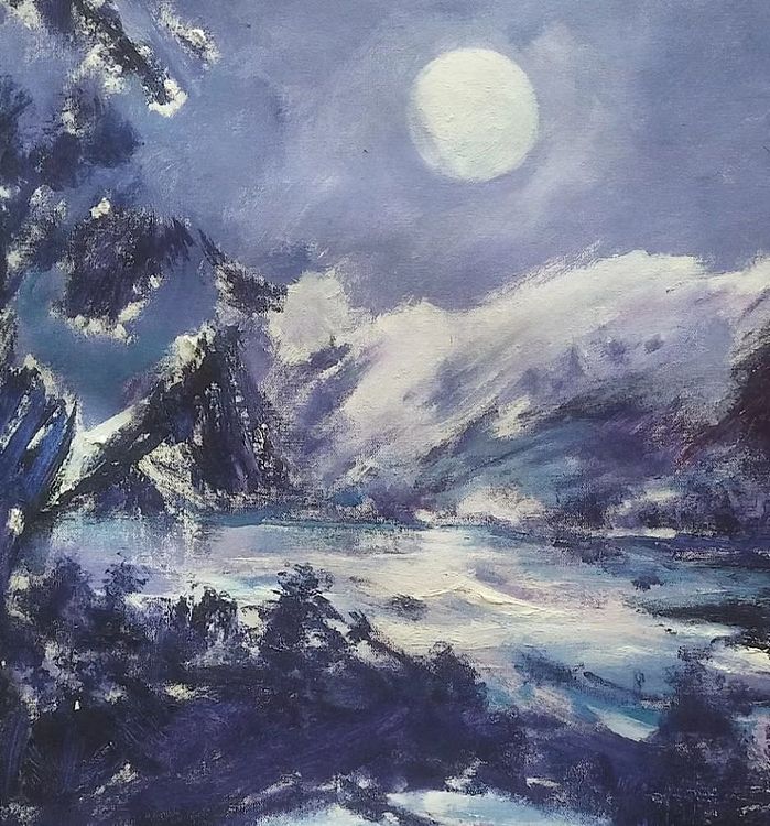 胡冰 原创精品油画《月夜雪山》