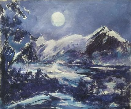 胡冰 原创精品油画《月夜雪山》