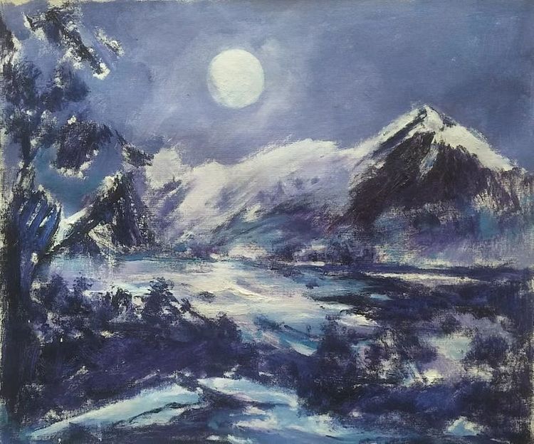 胡冰 原创精品油画《月夜雪山》