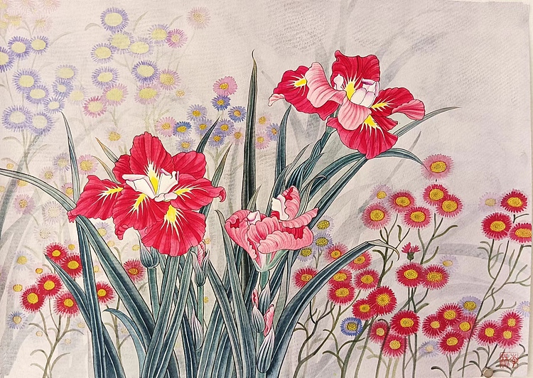 砚沐 湖北美术学院艺术硕士李林国画工笔作品红色鸢尾花