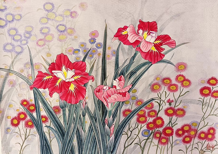 砚沐 湖北美术学院艺术硕士李林国画工笔作品红色鸢尾花