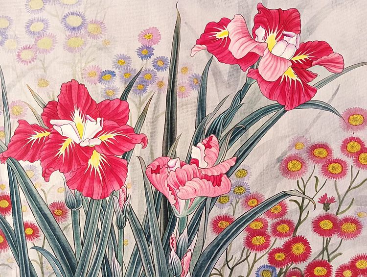 砚沐 湖北美术学院艺术硕士李林国画工笔作品红色鸢尾花