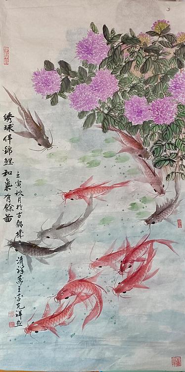 翱翔 绣球伴锦鲤
