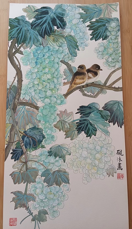 砚沐 葡萄小鸟图湖北美术艺术硕士李林国画作品