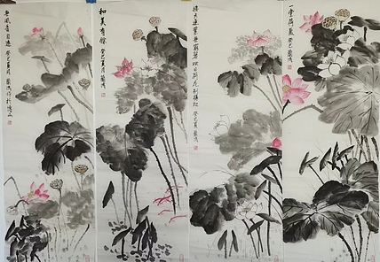 静翰墨缘 荷花四天屏