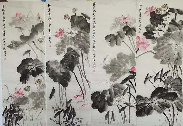 静翰墨缘 荷花四天屏