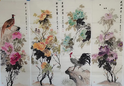 静翰墨缘 四条屏牡丹