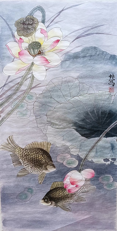 砚沐 有鱼图湖北美术学院艺术硕士李林国画作品