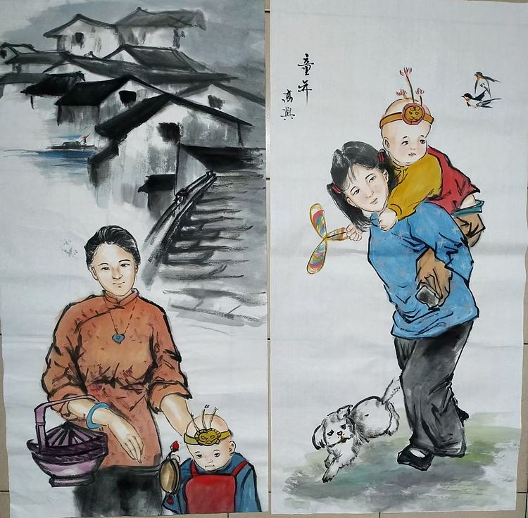 高兴 怀旧童年四条屏