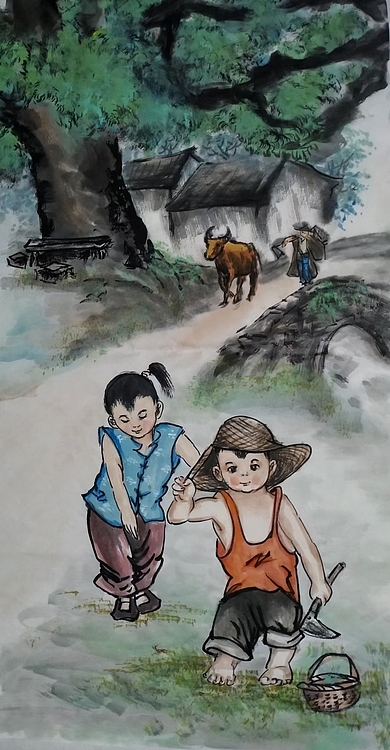 高兴 怀旧童年四条屏