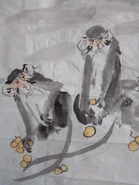 竹溪 国画⁻猴子圆月图（无题）