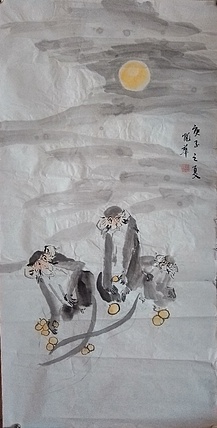 竹溪 国画⁻猴子圆月图（无题）