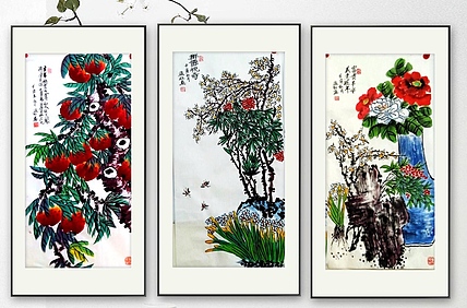 职业书画家 孟红 三条屏《千年寿桃、群仙祝寿、美意延年》