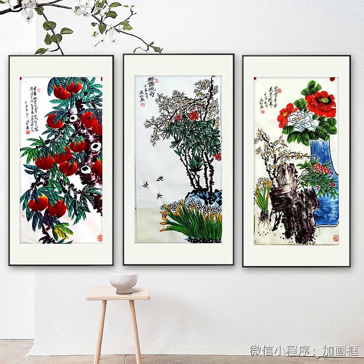 职业书画家 孟红 三条屏《千年寿桃、群仙祝寿、美意延年》