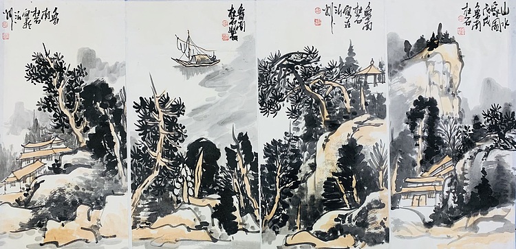 中国美术家协会会员，杜石 山水四条屏